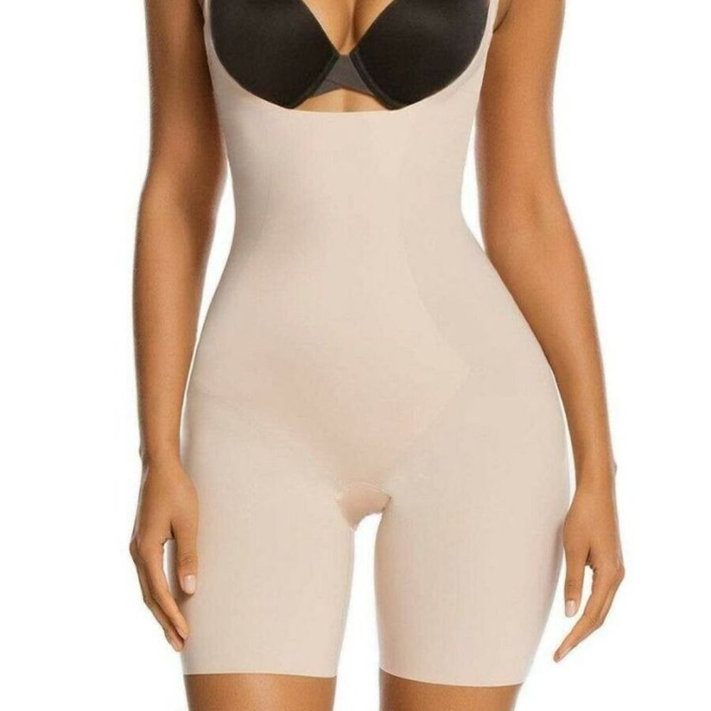 SHAPERX Open-Bust Mid-Thigh Body Suit Shapewear, Beige S, Black M